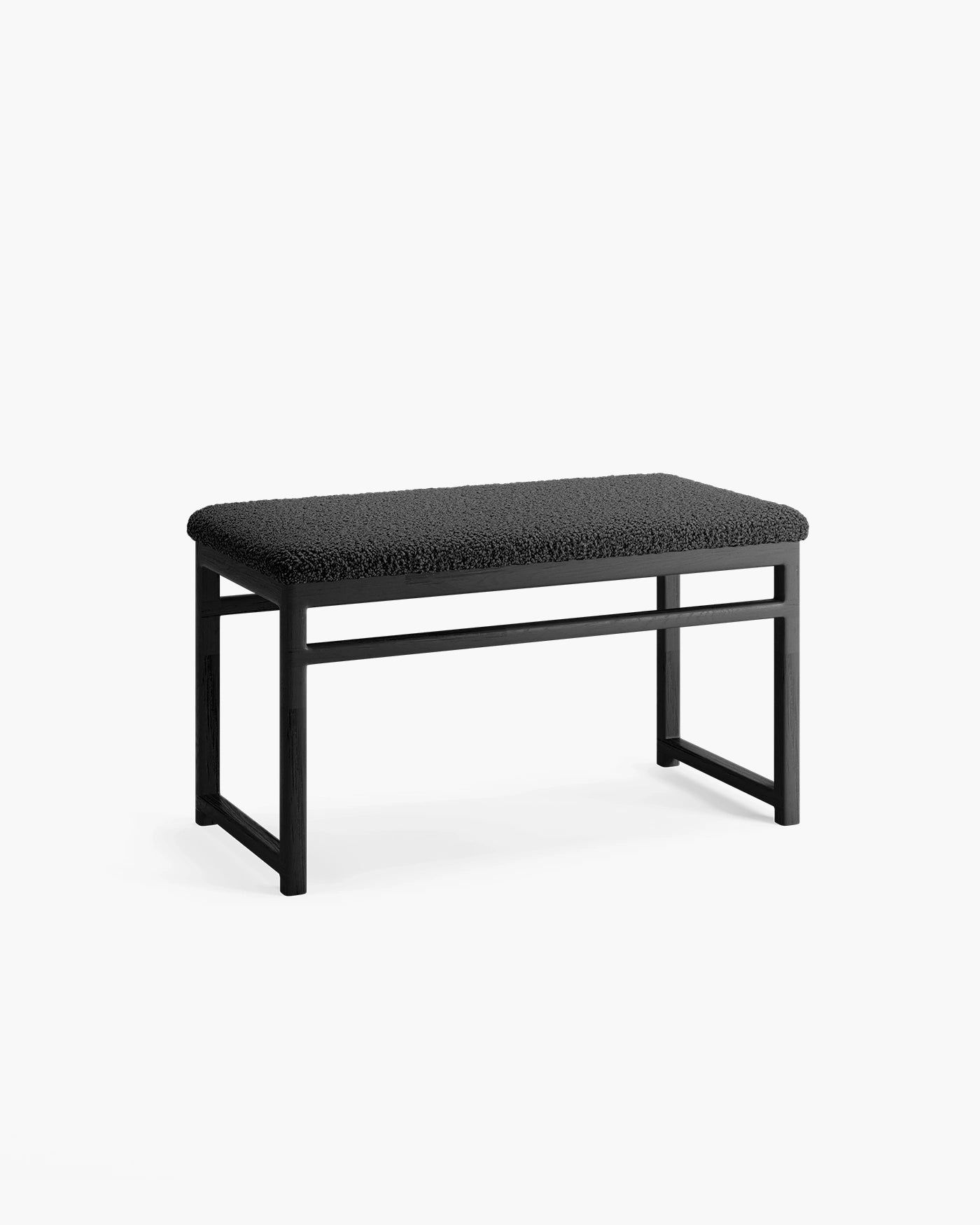 Wilma wood bench in black oak with black bouclé upholstery, ideal for minimalist and modern interiors.